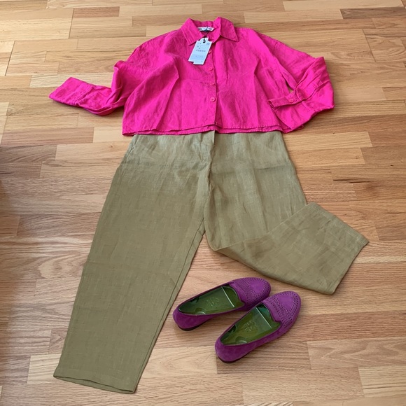 ❌SOLD❌ ZARA 100% Linen pants Tapered High waist Elastic - Picture 9 of 16